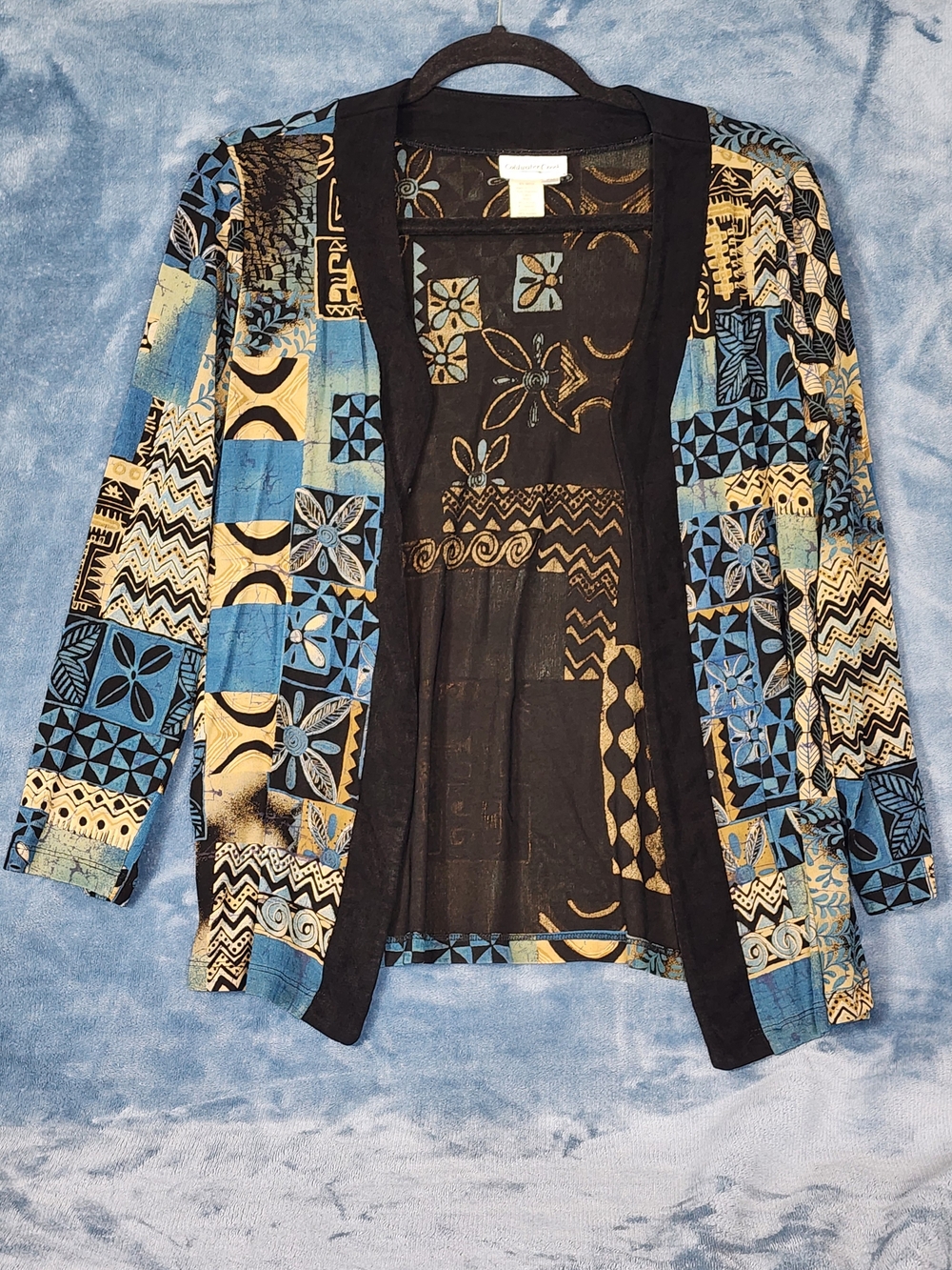 Coldwater Creek Blue, Black & Cream Patchwork Open Cardigan